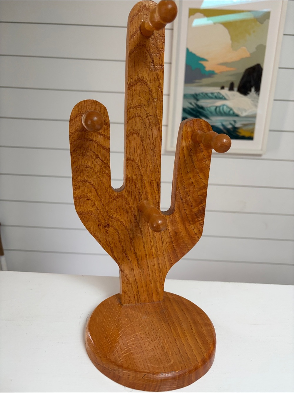 Handcrafted Wooden Cactus Peg Stand in Warm Oak Finish